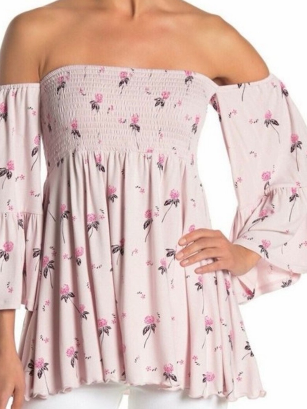 Free People Lana Tunic Top Pink Floral Smocked Off Shoulder Boho